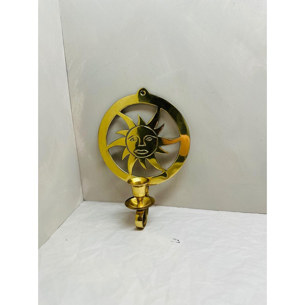 Vintage Brass Sun Face Wall Sconce Candle Holder Celestial Boho Decor Gold Tone - Picture 3 of 7